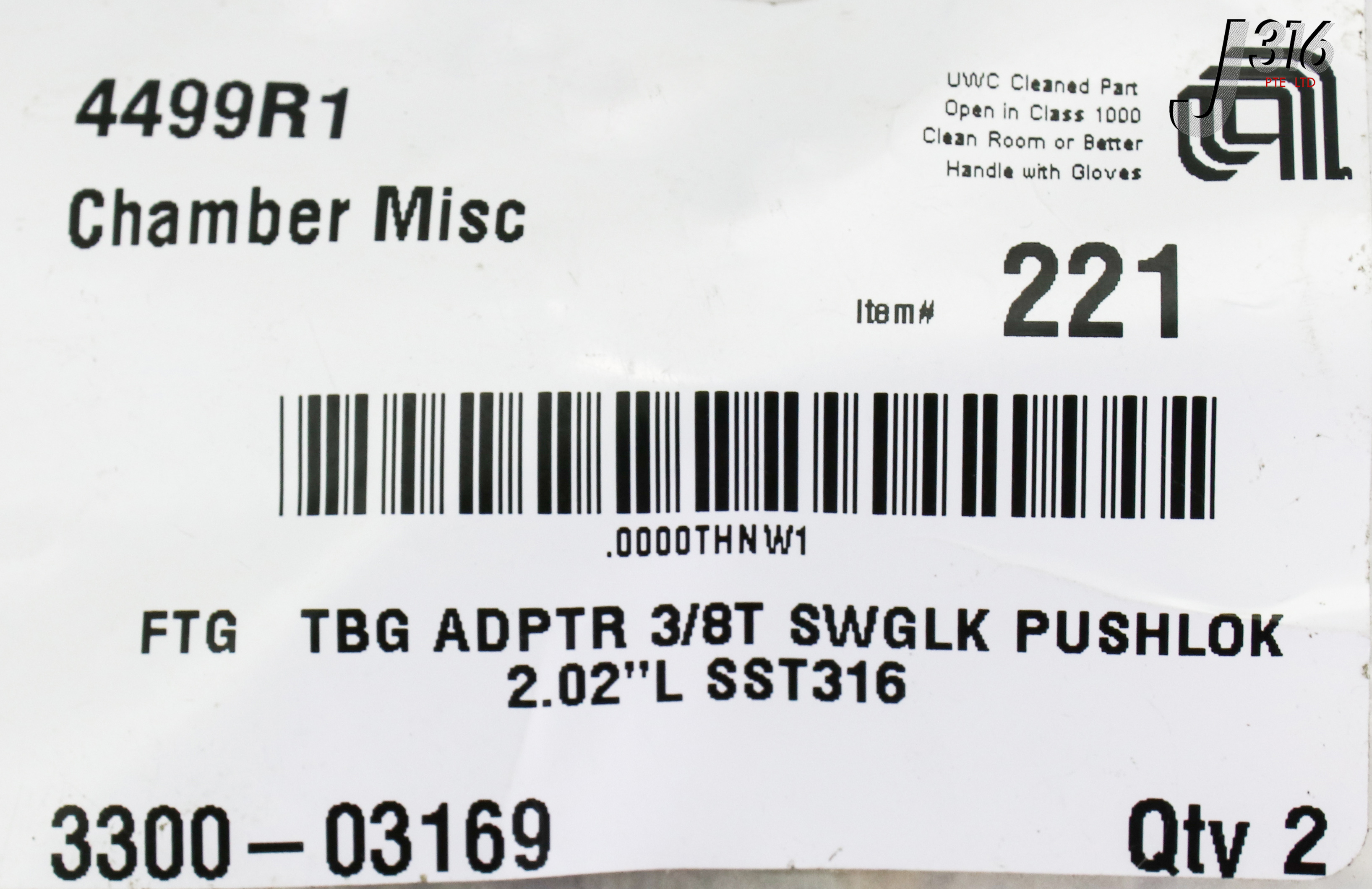 16816 APPLIED MATERIALS FTG TBG ADPTR 3/8T SWGLK PUSHLOK 2.02 3300